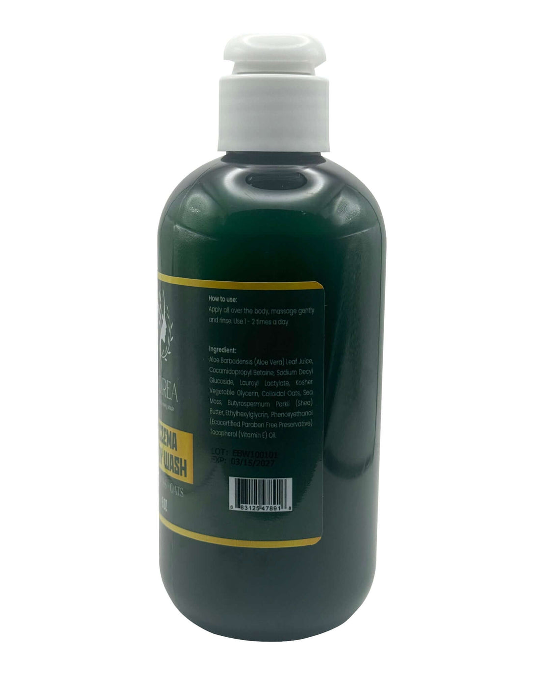 Sea Moss + Oats Face and Body Wash bottle showing ingredients and usage instructions.