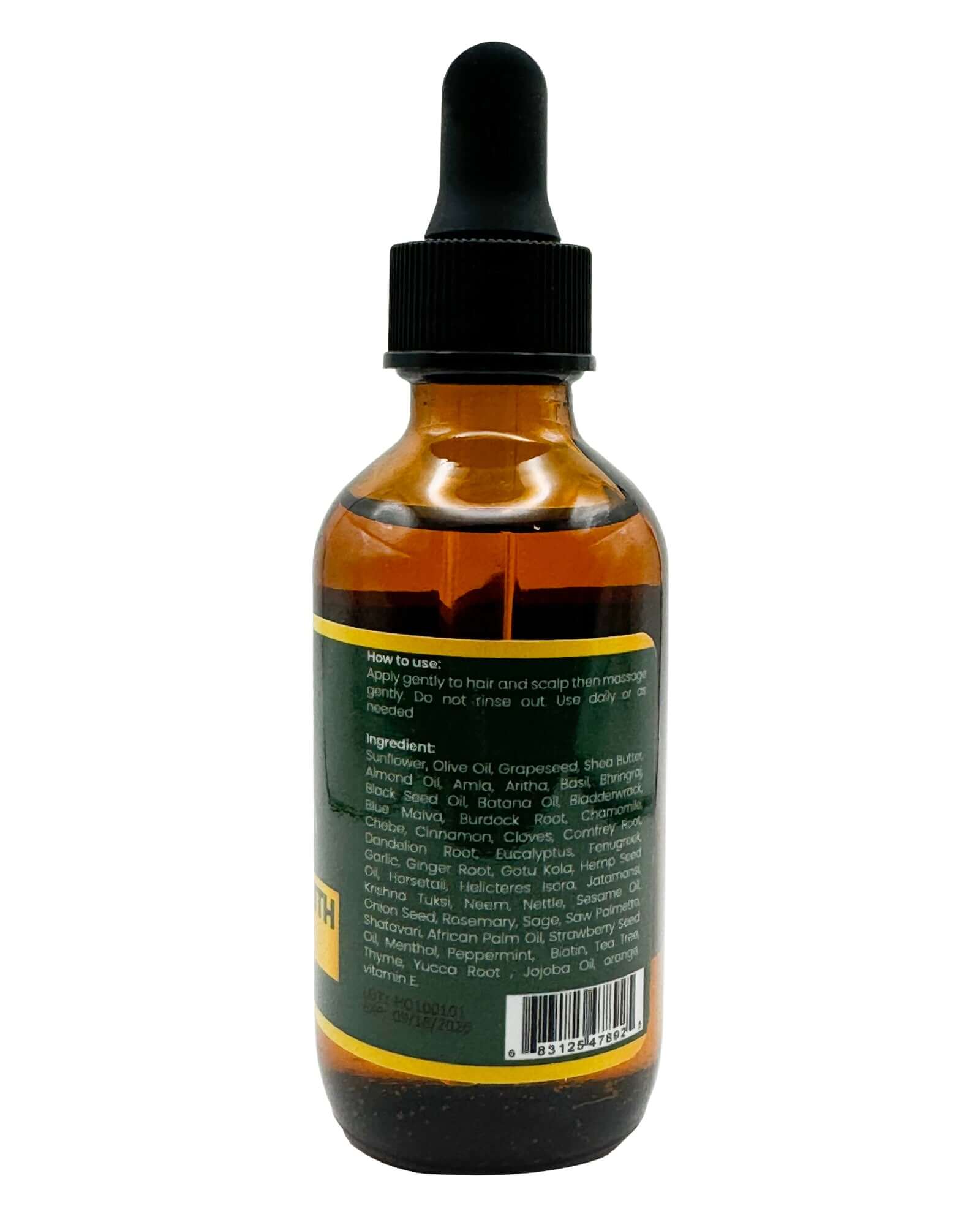 Hair Growth Oil bottle with dropper, featuring herbal ingredients and usage instructions on the back.