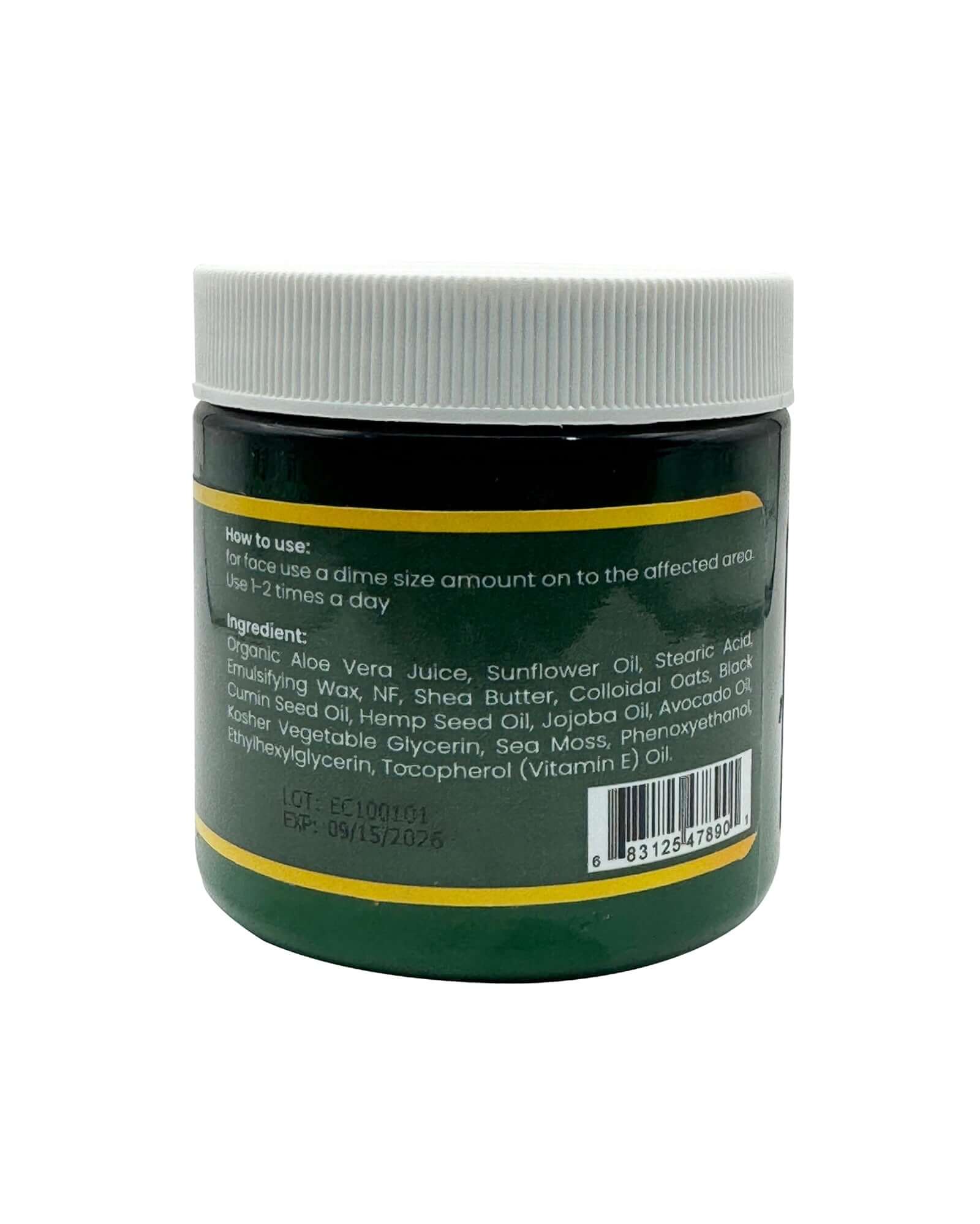 Sea Moss + Oats Eczema Relief Cream jar showing usage instructions and ingredients for skin nourishment.